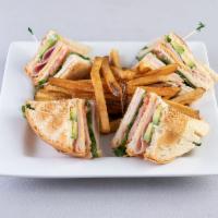 California Club Dinner · Choice of white or wheat bread, turkey, ham, cheese, lettuce. Tomatoes, mayo and sliced avoc...