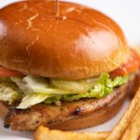 Chicken Bacon Sandwich · Fresh grilled chicken, with lettuce tomatoes, bacon, and mayonnaise, topped with a brioche b...