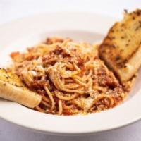 Spaghetti Bolognese Dinner · Homemade meat sauce and tossed in a bed of spaghetti pasta.