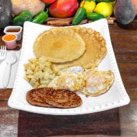 All American · 2 huevos con 2 pancakes viene con papas y puedes agregar bacon o sausage. 2 pancakes with 2 ...