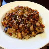 Teriyaki Grilled Chicken Stir-Fry · 759 calories. Grilled chicken breast, portabella mushrooms, onions, peppers, carrots and ses...