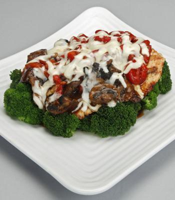 Godfather · Gluten-free. 410 calories. Grilled chicken breast, portabello mushrooms, red roasted peppers, reduced-fat mozzarella, gluten-free and fat-free balsamic vinaigrette. Served over broccoli. 