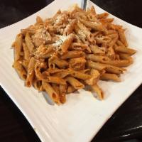 Penne and Reduced Fat Vodka Sauce with Chicken · 608 calories. Chicken breast in a reduced fat vodka sauce, garnished with Parmesan. Served w...