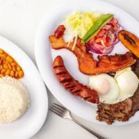 Bandeja Montanera  · Mix platter with grilled beef, skin pork, fried egg. Served with rice, beans, avocado and pl...
