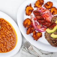 Bandeja M&S  · Bandeja M&S. Minced Breaded Shrimp, chorizo, meat, avocado with side of habichuelas with ric...