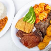 Sea and Land y Tierra M&S · Bandeja mar y tierra M&S. Minced Breaded Fish, shrimp, Chuleta, and meat with a Side of rice...