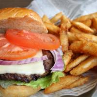 The Potter's Cheeseburger · Certified Angus beef patty served with white American cheese, lettuce, tomato, and onion on ...
