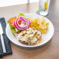 Mushroom Swiss Burger  · Certified Angus beef patty served with Swiss cheese and sauteed mushrooms on toasted marbled...