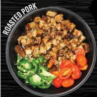 Roasted Pork Rice Box 猪肉盖饭 · Roasted pork served with cherry tomatoes, jalapenos, eel sauce, and sesame seeds