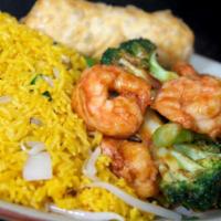 122. Shrimp with Broccoli · Served with rice.