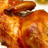 Rotisserie Chicken · pollo rostizado se sirve medio pollo con el complemento. serve 1/2 pollo  and rices
