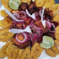 picaderas · mixed meat and green plantains porck. chicken chunk, green plantains, sami ,fried cheese and...