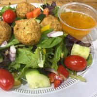 FALAFEL SALAD WITH GARLIC DRESSING · Mesclun mix, fried falafels, cucumbers, grape tomatoes, red peppers, orange peppers, yellow ...