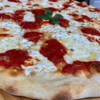 Margarita Pizza · Large.  Pizza dough (high gluten flour, yeast, water, salt and olive oil)  Tomato sauce (plu...