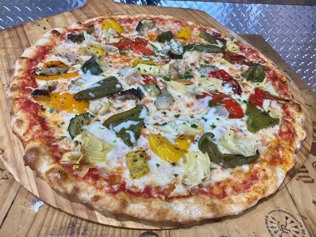 Vegetable Primavera Pizza · Large.  Plum Tomato Sauce, Mozzarella Cheese, Roasted Red Peppers, Broccoli, Artichoke Heart, Sun Dried Tomatoes and Fresh Baby Spinach