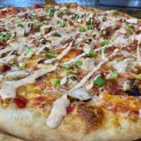 Grilled Chicken Ranchero w/bacon Pizza · Large.   Plum Tomato Sauce, Mozzarella Cheese, Grilled Chicken, Ranchero Sauce, topped with ...