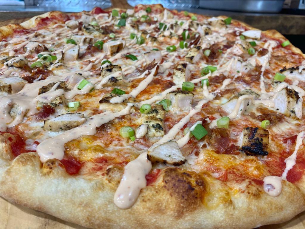 Grilled Chicken Ranchero w/bacon Pizza · Large.   Plum Tomato Sauce, Mozzarella Cheese, Grilled Chicken, Ranchero Sauce, topped with Fresh Scallions