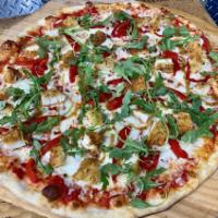 Chicken Cutlet Pizza w/balsamic reduction · Large.  Plum Tomato Sauce, Mozzarella Cheese, Chicken Cutlet, Roasted Peppers, Baby Arugula,...
