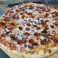 Pork Lover Pizza · Large.   Plum Tomato Sauce, Mozzarella Cheese, Pepperoni, Bacon & Sausage splinkle w/Pecorin...