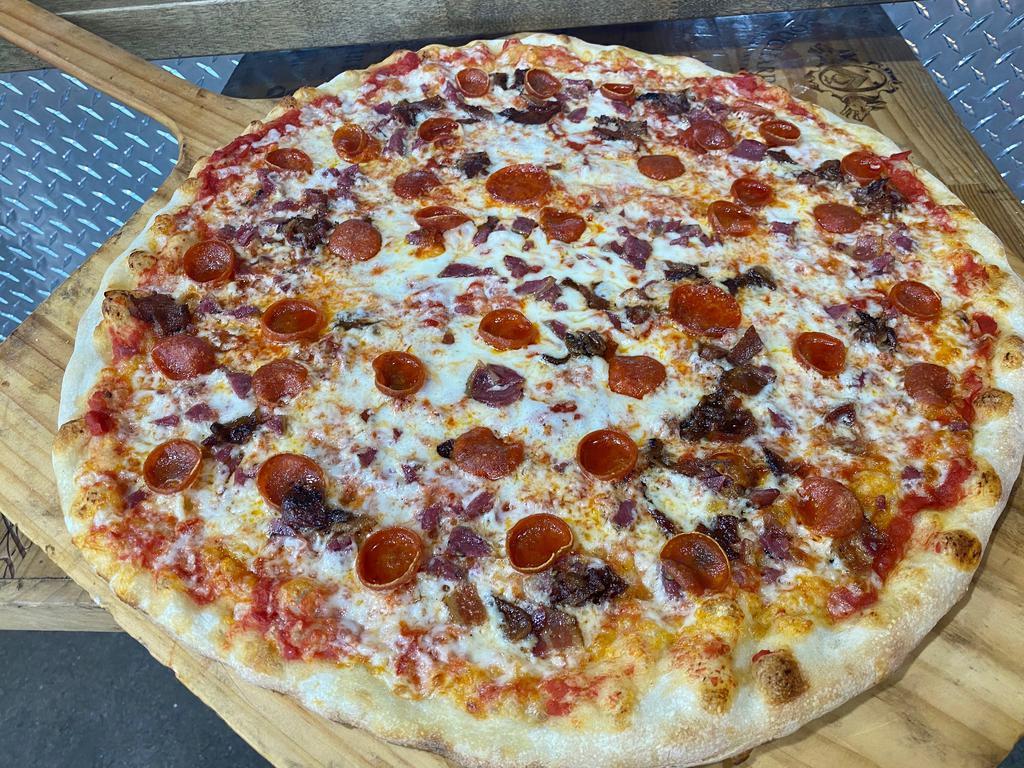 Pork Lover Pizza · Large.   Plum Tomato Sauce, Mozzarella Cheese, Pepperoni, Bacon & Sausage splinkle w/Pecorino Romano Cheese
