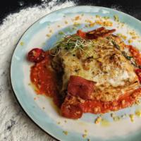 LASAGNA BOLOGNESE  · Pasta lasagna sheet, mozzarella cheese, parmesan cheese, rocotta cheese, ground beef, garlic...