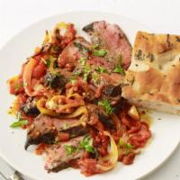 STEAK PIZZAIOLA · beef steak, tomato sauce, peppers, onions, garlic, olive oil, pepperoncini, salt & pepper