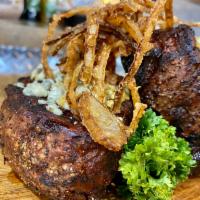 GRILLED FILET MIGNON · FILET MIGNON TOPPED WITH GORGONZOLA CHEESE AND CARAMELIZED ONIONS