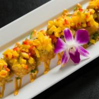 D10. Paradise Roll · Deep fried spicy salmon, tuna, lemon topped with mango salad.