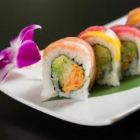 E12. Four Season Roll · Spicy kani, cucumber and avocado topped with salmon, white fish, tuna and mango.