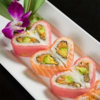 E13. Sweet Heart Roll · Spicy salmon, avocado and crunch wrapped with tuna and salmon.