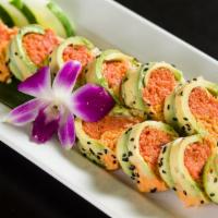E16. Amazing Roll · Spicy tuna, kani popper, cucumber wrapped in soy paper and topped with avocado.