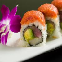 E18. Kingston Ave Roll · Tuna, salmon, yellowtail and avocado topped with spicy tuna and jalapeno.