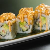 F2. High Time Roll · Kani, avocado and cucumber, topped with tempura tilapia, crunch, spicy and sweet sauce.