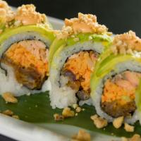 F4. Tiger Roll · Cooked salmon, spicy kani and fried onions topped with avocado and cashews.