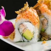 F10. Fuji Roll · Cooked salmon, parve cream cheese and avocado topped with spicy kani and fried onions.