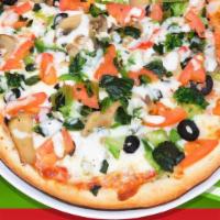 Vegetarian Special Pizza · Spinach, broccoli, mushrooms, olives, fresh garlic, tomatoes, green peppers, and onions.
