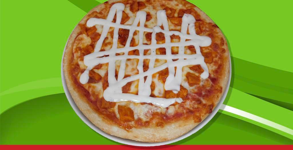 Buffalo Chicken Pizza · Specify hot, mild, BBQ sauce with blue cheese.