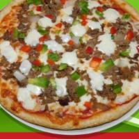 Special Cheese Steak Pizza · Steak, green peppers, onions, mozzarella, and American cheese.