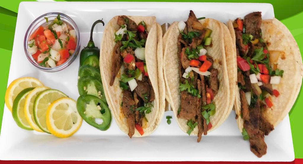 Tacos Mexicanos · Mexican tacos. Bisteac, pollo, carne molida. Beef, chicken, ground beef.