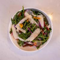 Arugula Salad · Balsamic vinaigrette, shaved parm, radish, red cabbage, and cherry tomato. Vegetarian but ca...
