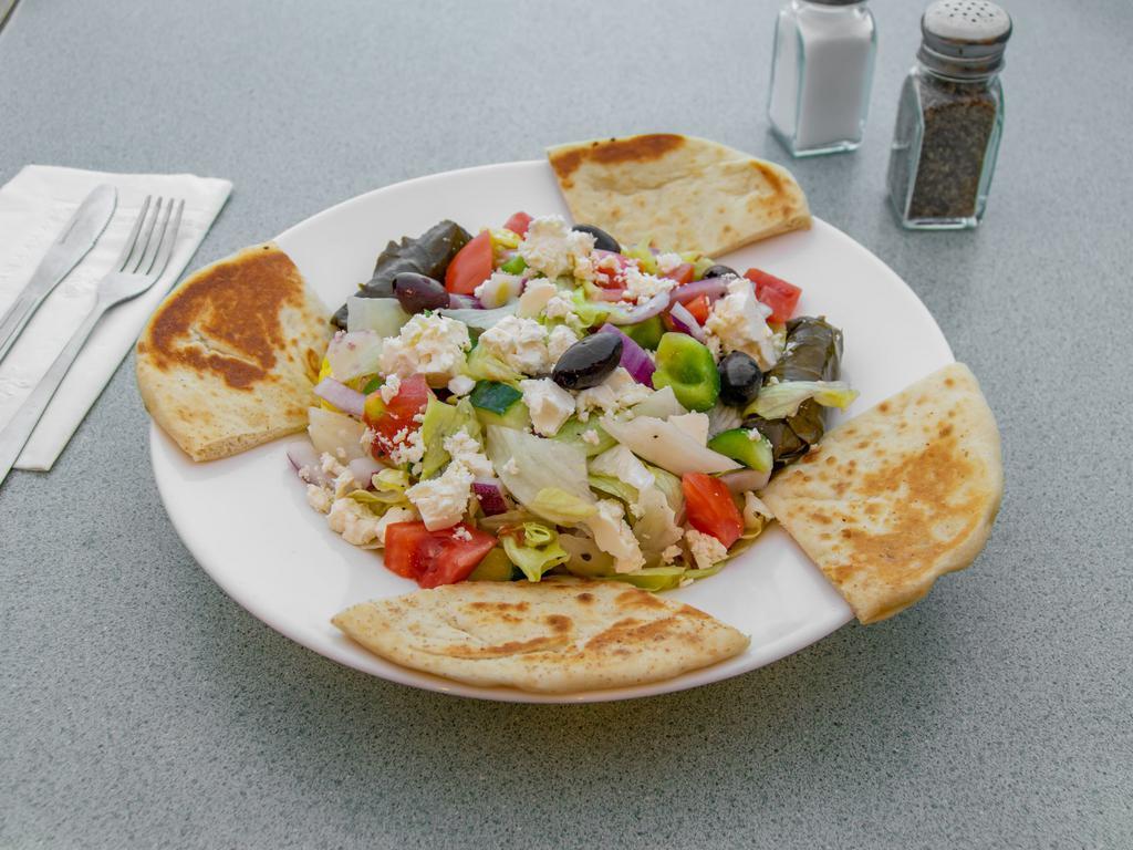 Greek Salad with Pita · Lettuce, tomatoes, onion, Greek olives, feta cheese, cucumbers, anchovies, stuffed grape leaves tossed in Greek dressing.