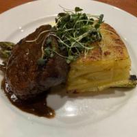 Filet · Filet (sous vide and pan seared), smoked compount butter, hered pomme anne, asparagus and gr...