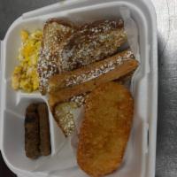 Deux Pain Francias Combo Breakfast · 2 French toast combo. Includes 2 eggs, 3 turkey sausage or 3 turkey bacon strips and hashbro...