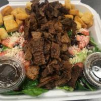 Balsamic Steak Salad · Cut steak, mixed green veggies, baby grape tomatoes, dried cranberries, feta cheese, avocado...