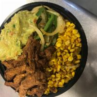 Lean Mean Bowl · Steak, steamed white rice, corn, grilled green peppers and onions, pico de gallo and guacamo...