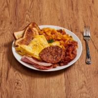 37. Meat Lover's Platter · 3 eggs scrambled, bacon, ham and sausages. Served with home fries and toast.