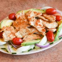 Garden Salad with Grilled Chicken · Lettuce, tomatoes, cucumbers, onions and peppers with a choice of dressing.