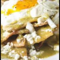 Chilaquiles Verdes · tortilla chips covered with green  salsa mozzarella cheese black refried beans dice potatoes...