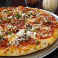 10. Deluxe Pizza · Pepperoni, sausage, mushrooms, green peppers, onions, black olives.