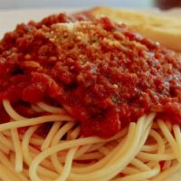 Spaghetti with Marinara Sauce · Long thing pasta with marinara sauce. Add meatballs or sausage for an additional charge.